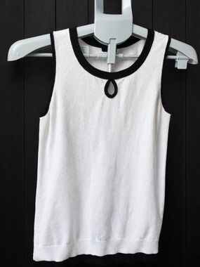 White Sleeveless Knit Tank with Black Contrast Trim